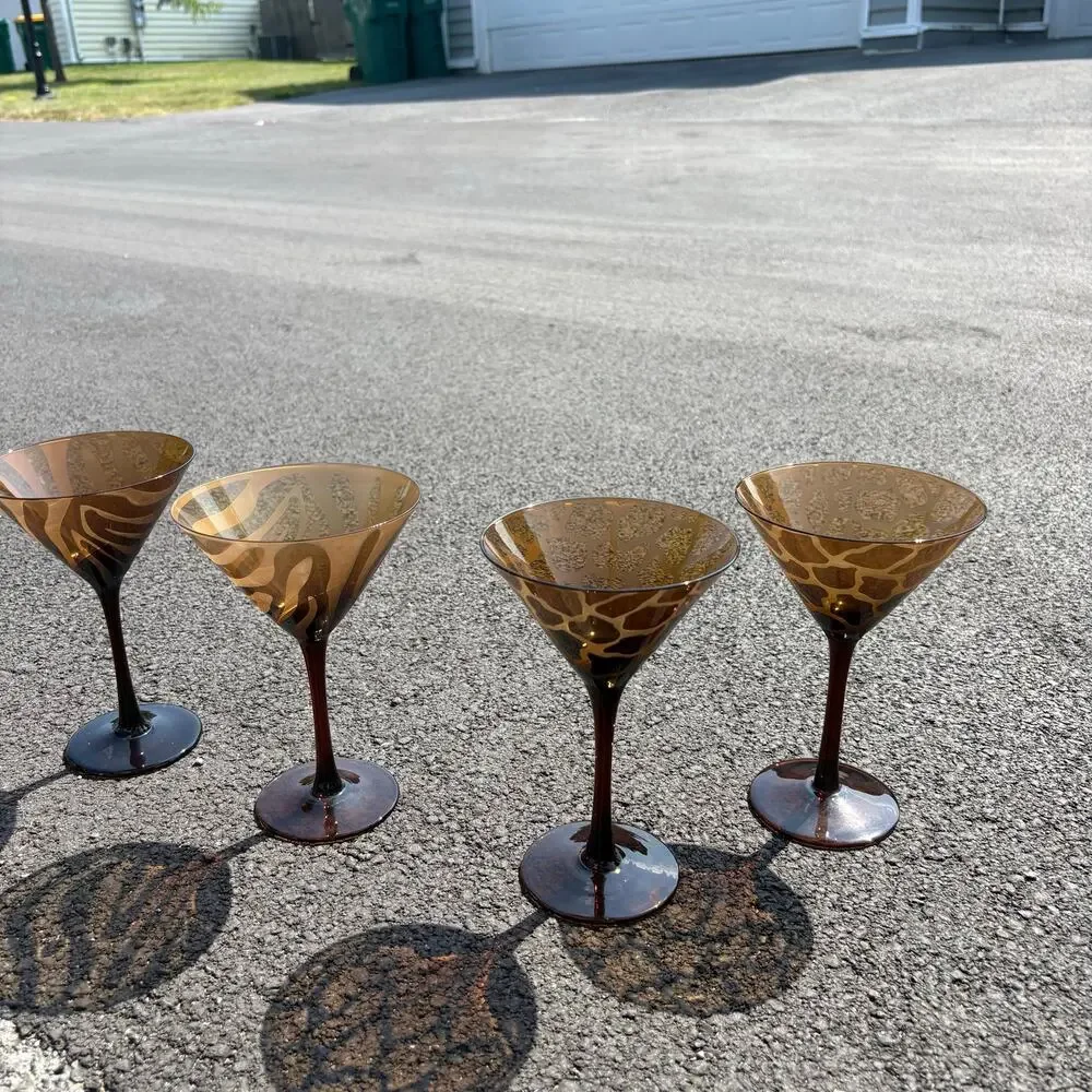 1990’s Blown Glass Brown Tortoise and Zebra Matte Vintage Martini Glasses